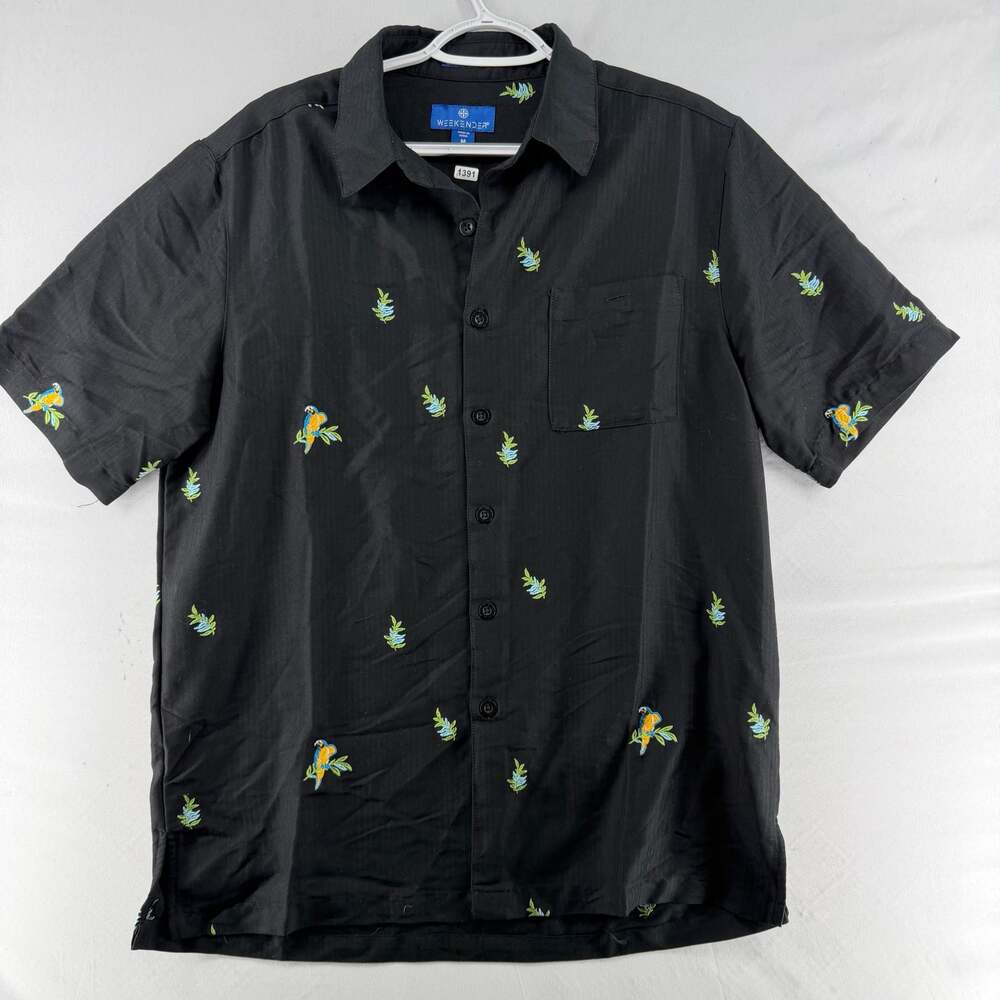 1391 M- Weekender Men's Black Parrot Leaf Embroidered Short Sleeve Button Down S